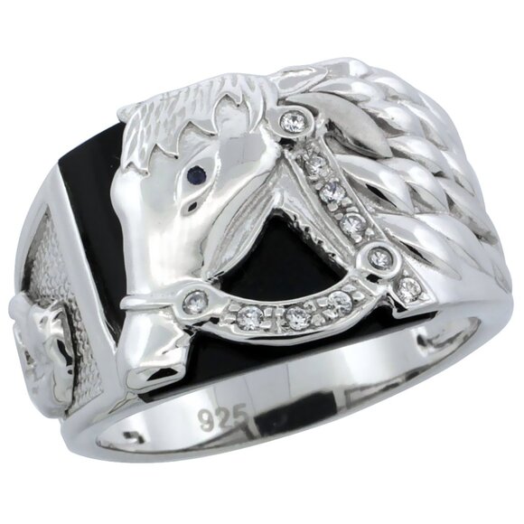 Mens Sterling Silver Cubic Zirconia Black Onyx Horse Ring 1/2 inch wide - Picture 1 of 1